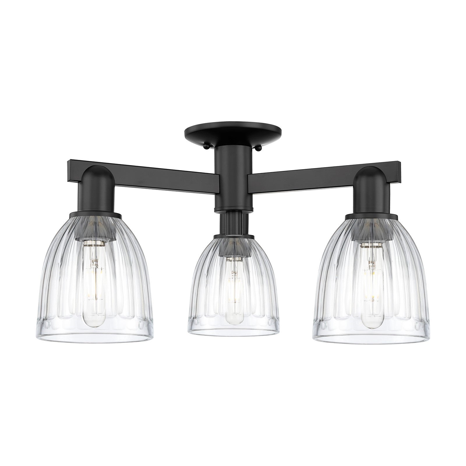 Innovations Brookfield 23.25in 3-Light Semi-Flush Mount | Industrial Matte Black Steel and Clear Ribbed Glass | Entryway & Hallway | Model 716-3F-BK-G442