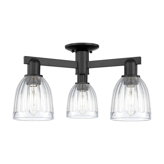 Innovations Brookfield 23.25in 3-Light Semi-Flush Mount | Industrial Matte Black Steel and Clear Ribbed Glass | Entryway & Hallway | Model 716-3F-BK-G442