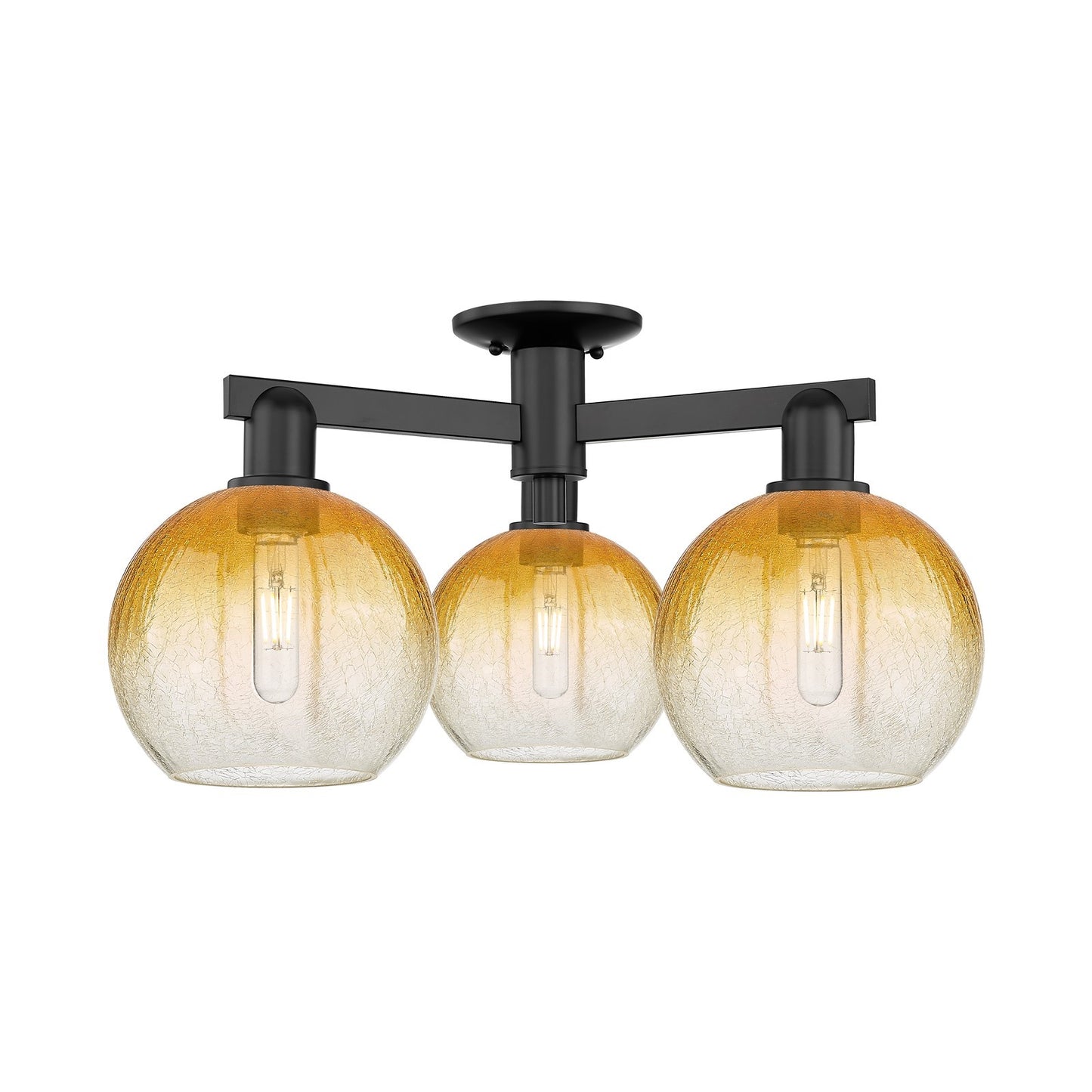 Innovations Brookhaven Globe 25.5in 3-Light Semi-Flush Mount | Industrial Matte Black Steel and Amber Glass | Living Room & | Model 716-3F-BK-G483-8AM