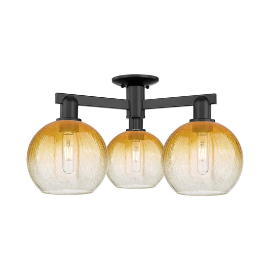 Innovations Brookhaven Globe 25.5in 3-Light Semi-Flush Mount | Industrial Matte Black Steel and Amber Glass | Living Room & | Model 716-3F-BK-G483-8AM