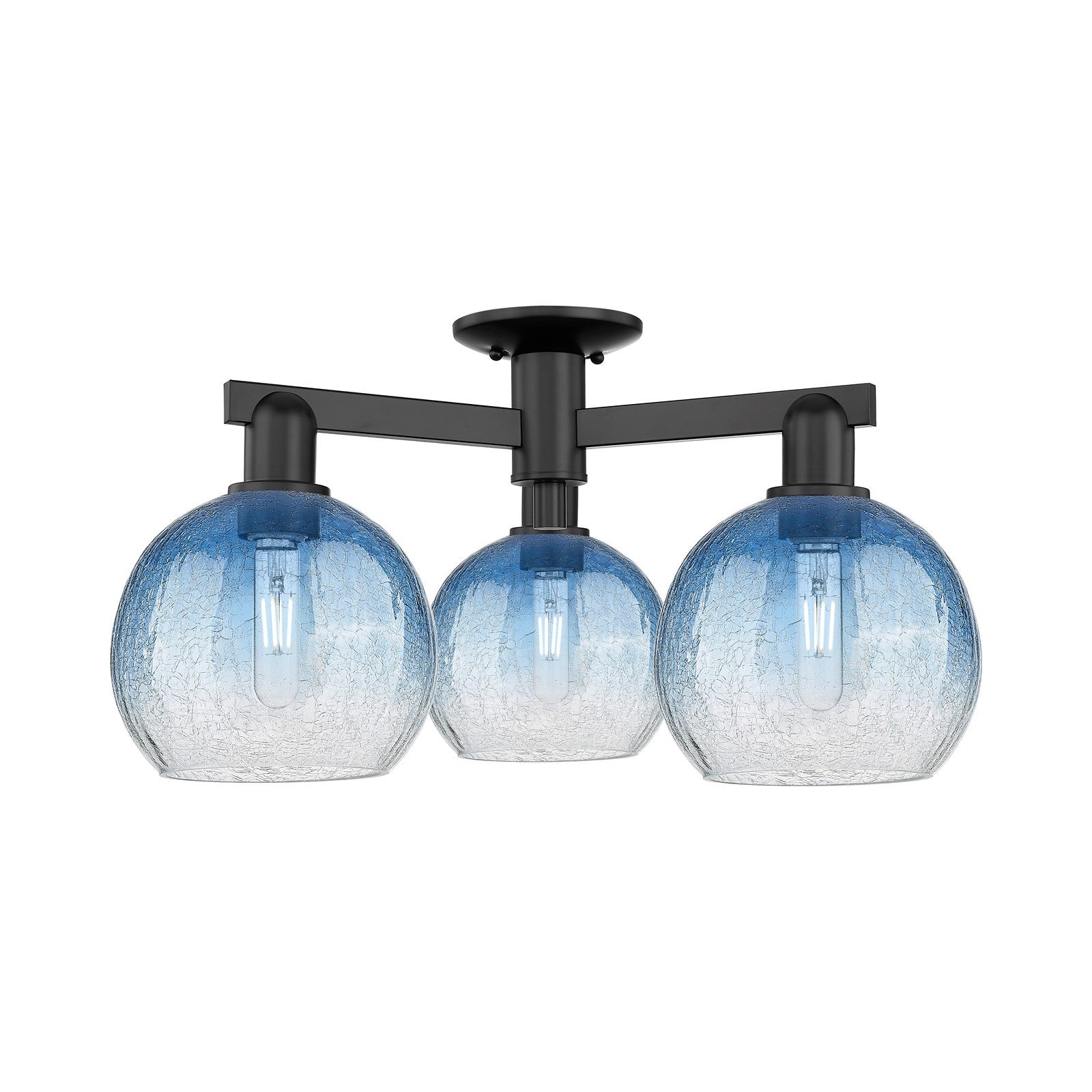 Innovations Brookhaven Globe 25.5in 3-Light Semi-Flush Mount | Industrial Matte Black Steel and Sapphire Blue Glass | Entryway | Model 716-3F-BK-G483-8SB