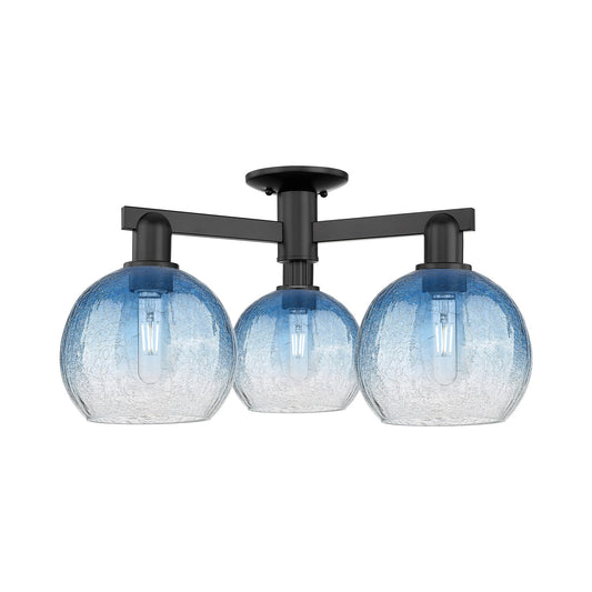 Innovations Brookhaven Globe 25.5in 3-Light Semi-Flush Mount | Industrial Matte Black Steel and Sapphire Blue Glass | Entryway | Model 716-3F-BK-G483-8SB