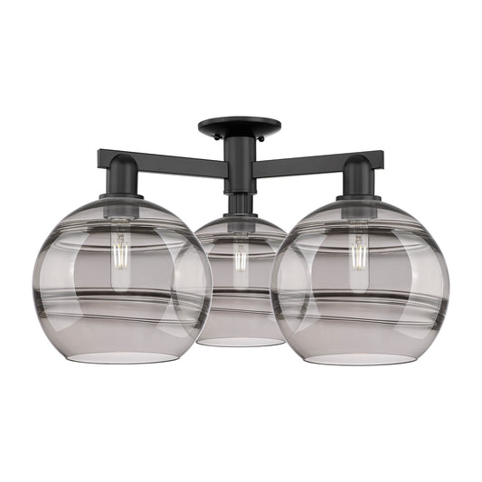 Innovations Rochester 28in 3-Light Semi-Flush Mount | Industrial Matte Black Steel and Light Smoke Glass | Kitchen & Hallway | Model 716-3F-BK-G556-10SM