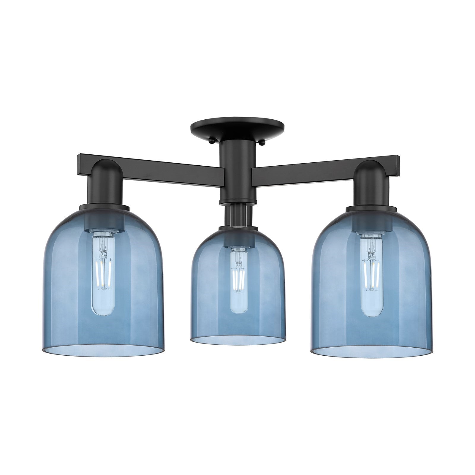 Innovations Bella 23in 3-Light Semi-Flush Mount | Industrial Matte Black Steel and Blue Glass | Entryway & Hallway | 23 x 23 x | Model 716-3F-BK-G558-6BL