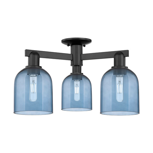 Innovations Bella 23in 3-Light Semi-Flush Mount | Industrial Matte Black Steel and Blue Glass | Entryway & Hallway | 23 x 23 x | Model 716-3F-BK-G558-6BL