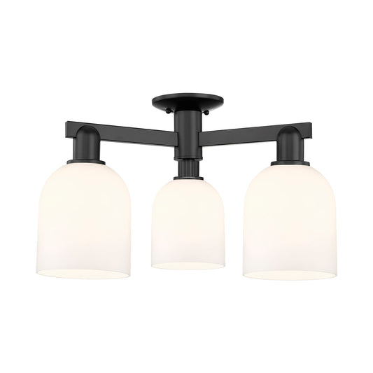Innovations Bella 23in 3-Light Semi-Flush Mount | Industrial Matte Black Steel and White Glass | Entryway & Hallway | 23 x 23 | Model 716-3F-BK-G558-6GWH