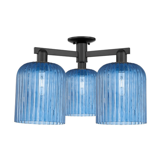 Innovations Bridal Veil 26in 3-Light Semi-Flush Mount | Industrial Matte Black Steel and Princess Blue Ribbed Glass | Model 716-3F-BK-G559-8BL