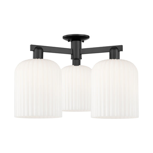 Innovations Bridal Veil 26in 3-Light Semi-Flush Mount | Industrial Matte Black Steel and Gloss White Ribbed Glass | Entryway & | Model 716-3F-BK-G559-8GWH