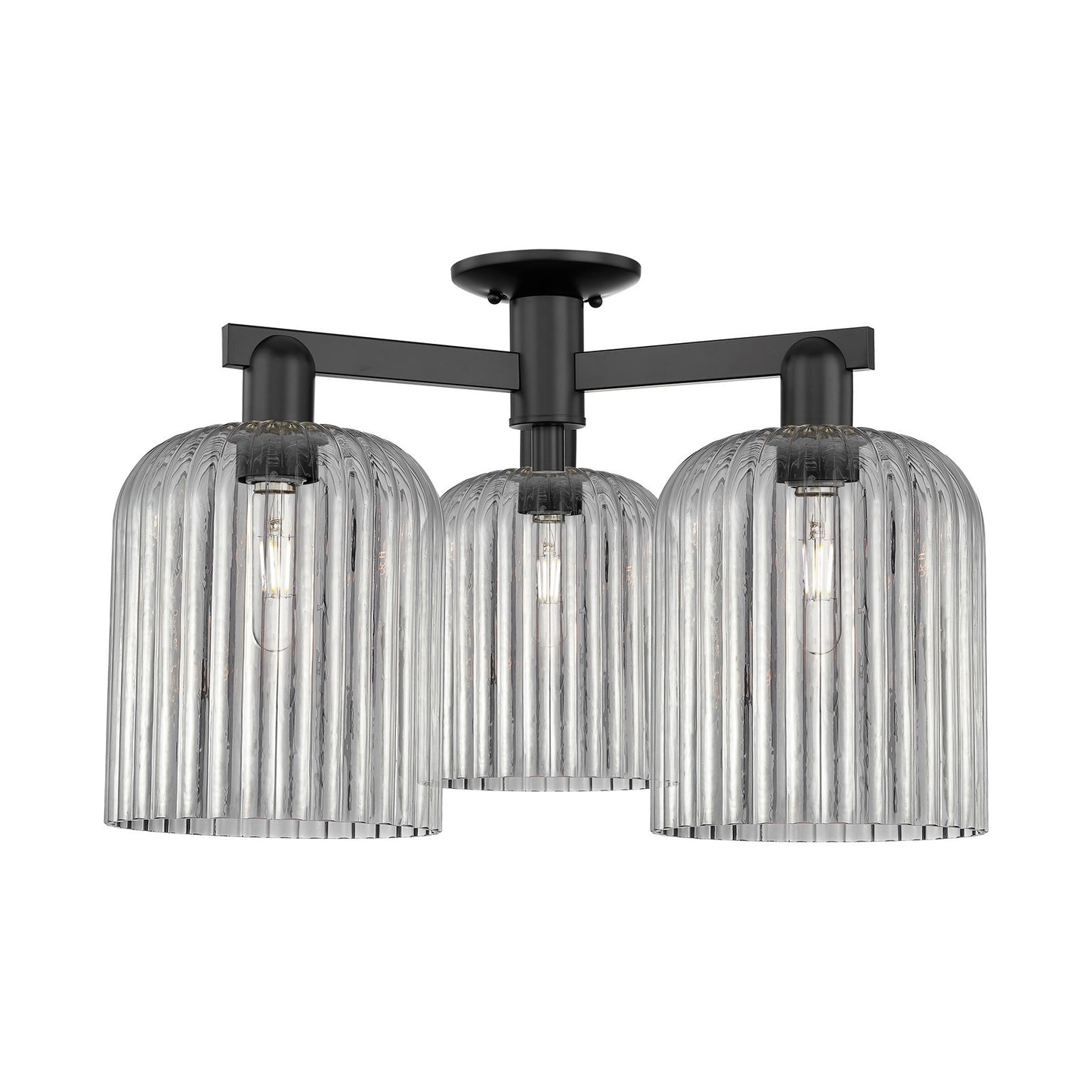 Innovations Bridal Veil 26in 3-Light Semi-Flush Mount | Industrial Matte Black Steel and Cast Brass with Light Smoke Ribbed | Model 716-3F-BK-G559-8SM