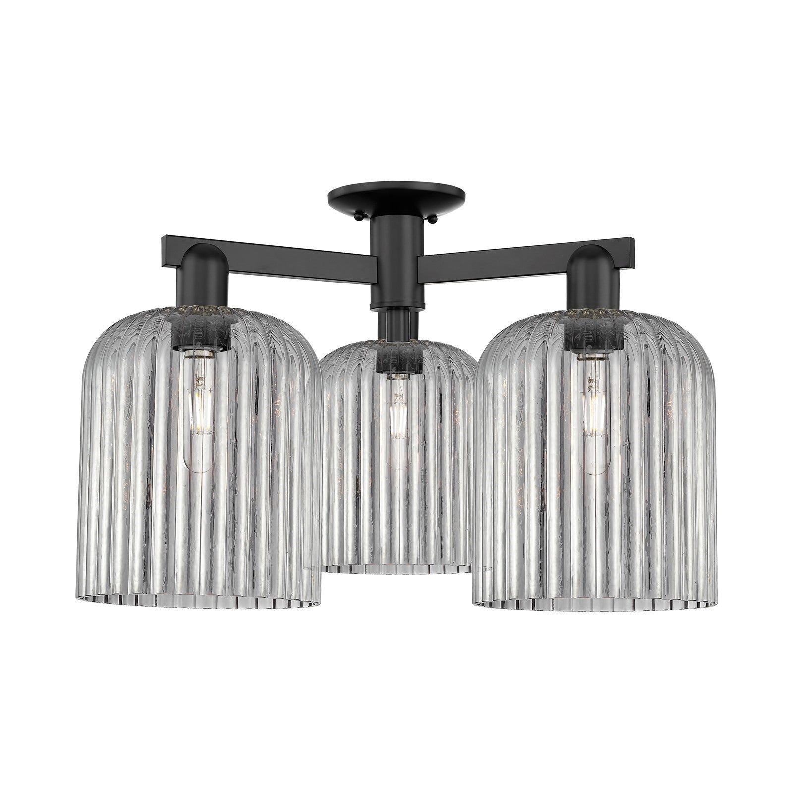 Innovations Bridal Veil 26in 3-Light Semi-Flush Mount | Industrial Matte Black Steel and Cast Brass with Light Smoke Ribbed | Model 716-3F-BK-G559-8SM
