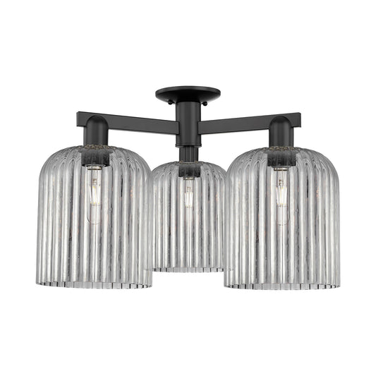 Innovations Bridal Veil 26in 3-Light Semi-Flush Mount | Industrial Matte Black Steel and Cast Brass with Light Smoke Ribbed | Model 716-3F-BK-G559-8SM