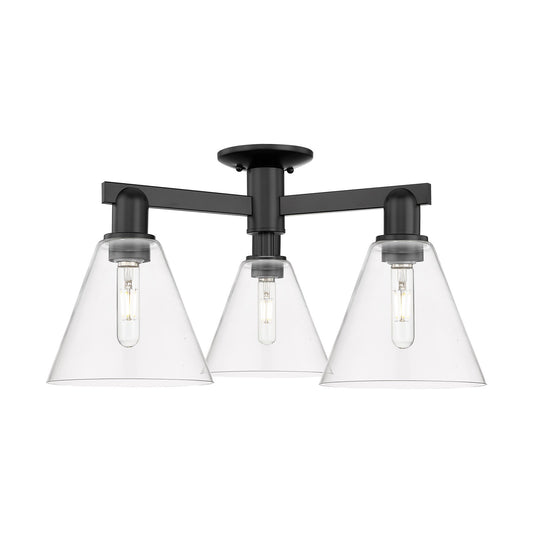 Innovations Berkshire Glass 26in 3-Light Semi-Flush Mount | Industrial Matte Black Steel and Clear Glass | Kitchen & Hallway | Model 716-3F-BK-GBC-82