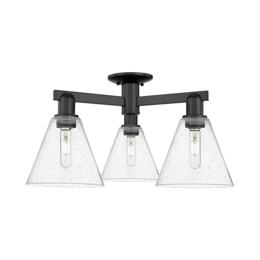 Innovations Berkshire Glass 25.5in 3-Light Semi-Flush Mount | Industrial Matte Black Steel and Seedy Glass | Living Room & | Model 716-3F-BK-GBC-84