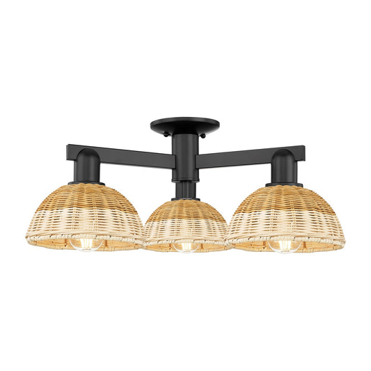 Innovations Natural Ballston Dome 25in 3-Light Semi-Flush Mount | Farmhouse Matte Black Steel and Natural Fiber Dome | Model 716-3F-BK-NBD2-75-NAT