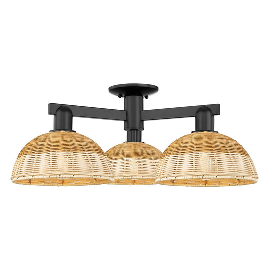 Innovations Bristol Natural II 27in 3-Light Semi-Flush Mount | Industrial Matte Black Steel and Natural Fiber Dome Shade | Model 716-3F-BK-NBD2-9-NAT