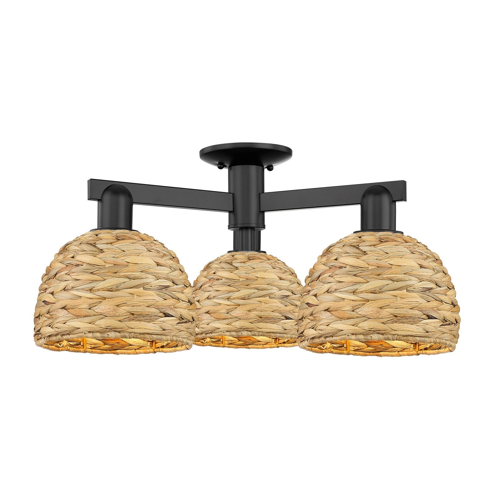 Innovations Woven Rattan 26in 3-Light Semi-Flush Mount | Industrial Matte Black Steel and Natural Fiber Shade | Kitchen & | Model 716-3F-BK-RBD-8-NAT