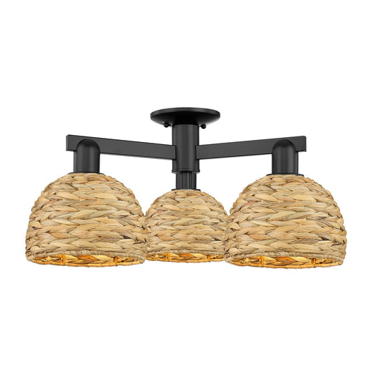 Innovations Woven Rattan 26in 3-Light Semi-Flush Mount | Industrial Matte Black Steel and Natural Fiber Shade | Kitchen & | Model 716-3F-BK-RBD-8-NAT