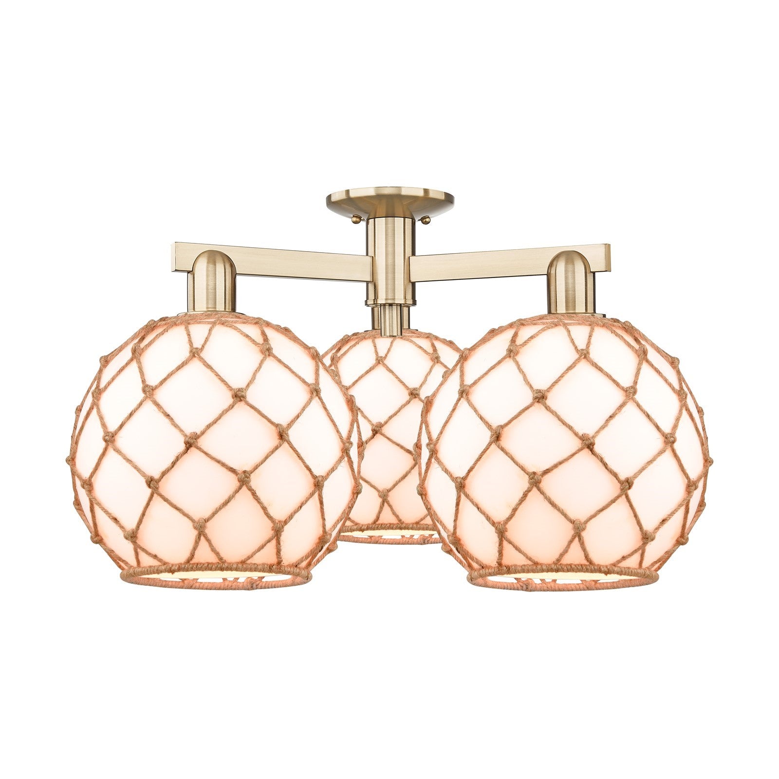 Innovations Farmhouse Rope 28in 3-Light Semi-Flush Mount | Industrial Champagne Bronze Steel and Matte White Glass with Rope | Model 716-3F-CB-G121-10RB