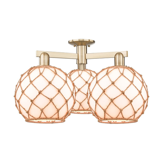 Innovations Farmhouse Rope 28in 3-Light Semi-Flush Mount | Industrial Champagne Bronze Steel and Matte White Glass with Rope | Model 716-3F-CB-G121-10RB