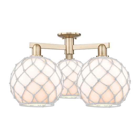 Innovations Farmhouse Rope 28in 3-Light Semi-Flush Mount | Industrial Champagne Bronze Steel and White Glass Rope Shade | Model 716-3F-CB-G121-10RW