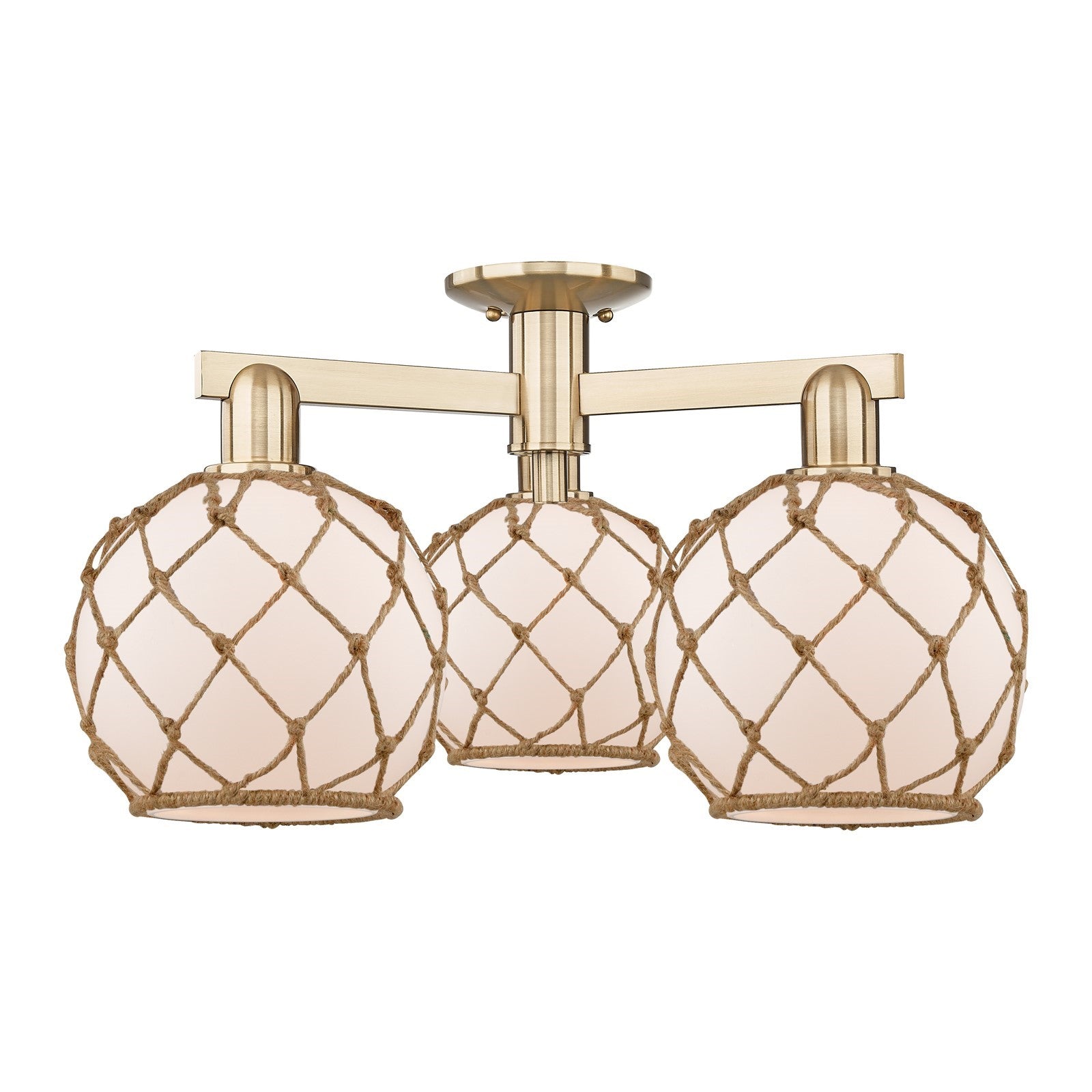 Innovations Farmhouse Rope 26in 3-Light Semi-Flush Mount | Industrial Champagne Bronze Steel and White Frosted Glass with Brown | Model 716-3F-CB-G121-8RB