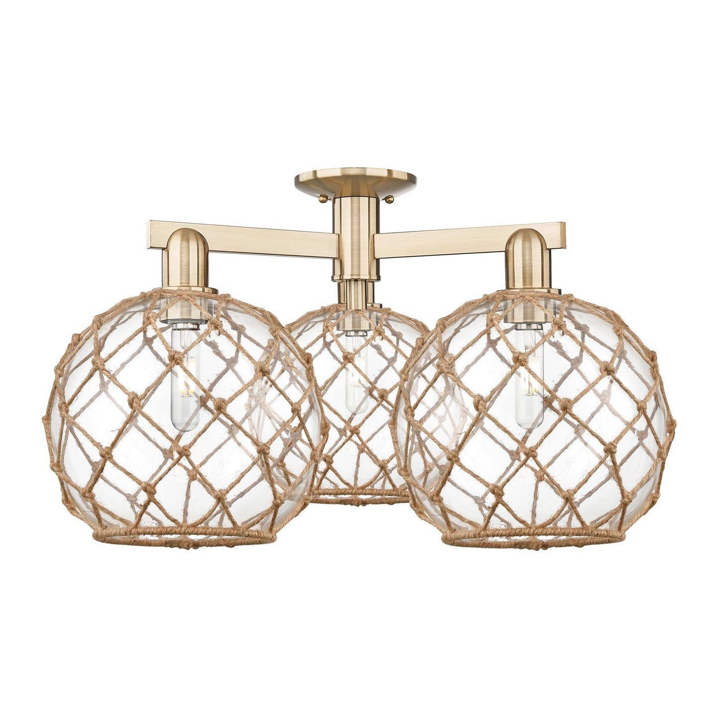 Innovations Farmhouse Rope 28in 3-Light Semi-Flush Mount | Industrial Champagne Bronze Steel and Clear Glass with Brown Rope | Model 716-3F-CB-G122-10RB