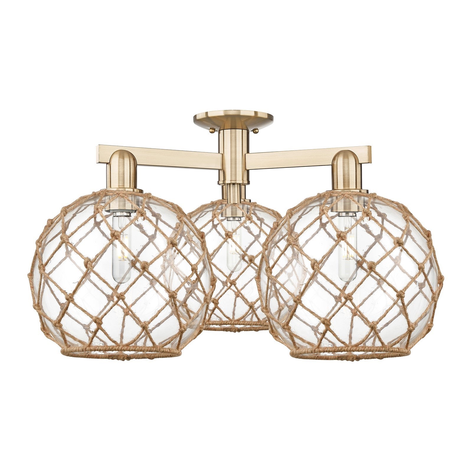 Innovations Farmhouse Rope 28in 3-Light Semi-Flush Mount | Industrial Champagne Bronze Steel and Clear Glass with Brown Rope | Model 716-3F-CB-G122-10RB