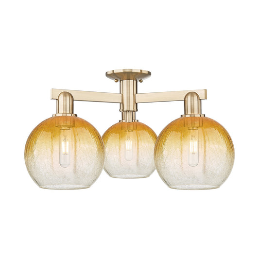 Innovations Brookhaven Globe 25.5in 3-Light Semi-Flush Mount | Industrial Champagne Bronze Steel and Amber Glass | Living Room | Model 716-3F-CB-G483-8AM