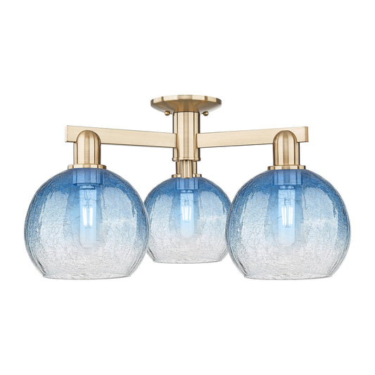 Innovations Brookhaven Globe 25.5in 3-Light Semi-Flush Mount | Industrial Champagne Bronze Steel and Sapphire Blue Glass | Model 716-3F-CB-G483-8SB