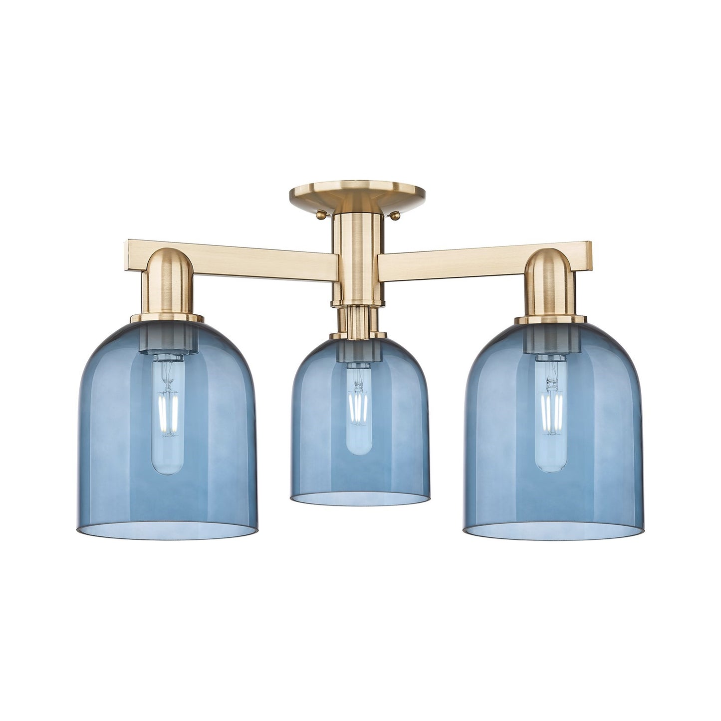 Innovations Bella 23in 3-Light Semi-Flush Mount | Industrial Champagne Bronze Steel and Blue Glass | Entryway & Living Room | Model 716-3F-CB-G558-6BL