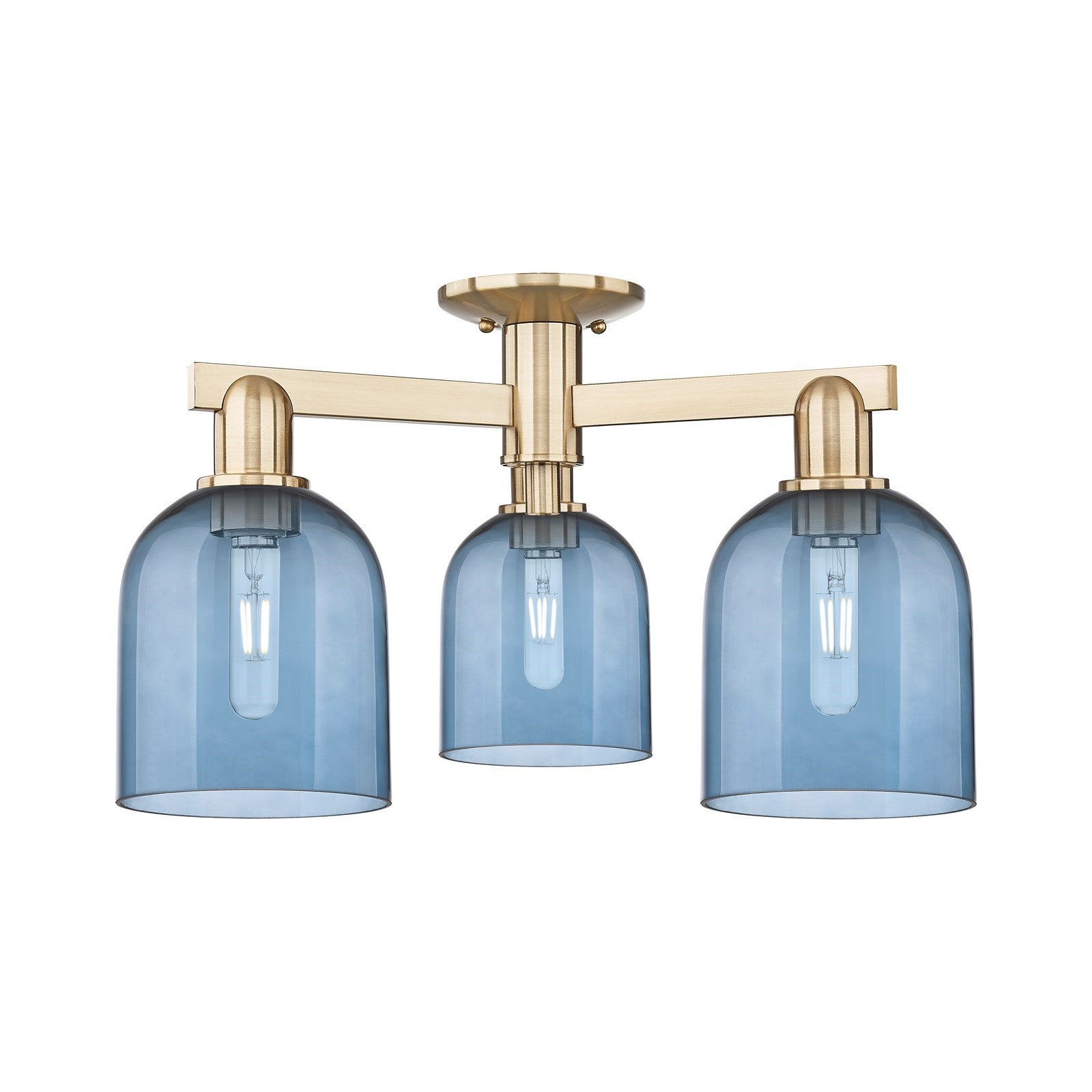 Innovations Bella 23in 3-Light Semi-Flush Mount | Industrial Champagne Bronze Steel and Blue Glass | Entryway & Living Room | Model 716-3F-CB-G558-6BL