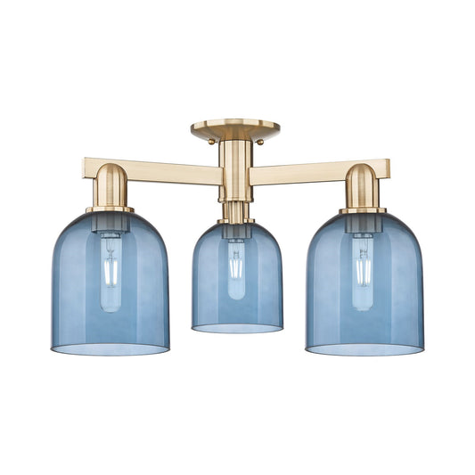 Innovations Bella 23in 3-Light Semi-Flush Mount | Industrial Champagne Bronze Steel and Blue Glass | Entryway & Living Room | Model 716-3F-CB-G558-6BL