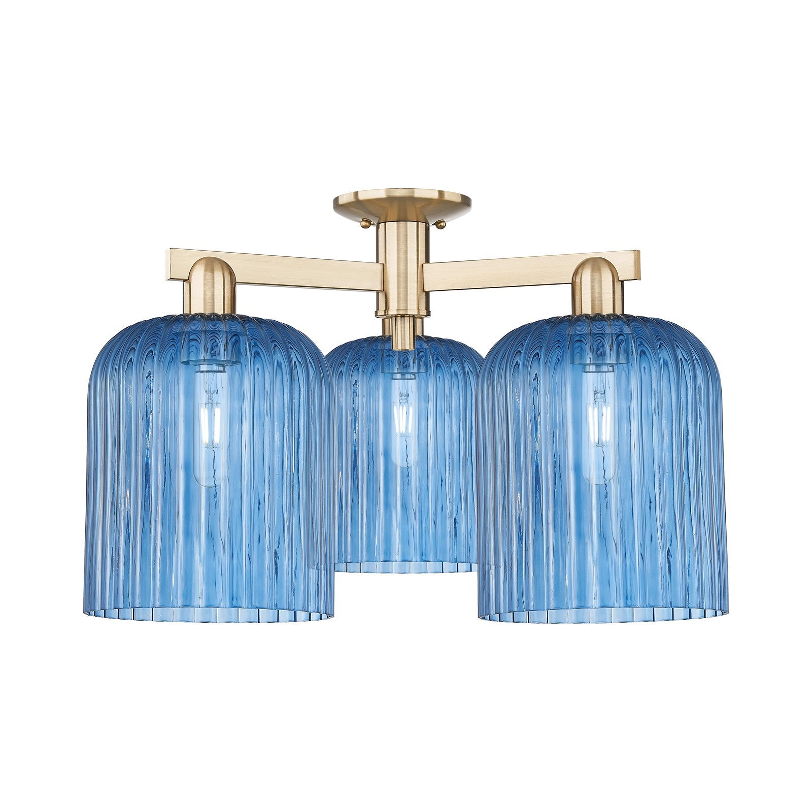 Innovations Bridal Veil 26in 3-Light Semi-Flush Mount | Industrial Champagne Bronze Steel and Princess Blue Ribbed Glass | Model 716-3F-CB-G559-8BL