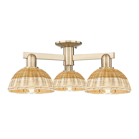 Innovations Natural Ballston Dome 25in 3-Light Semi-Flush Mount | Farmhouse Champagne Bronze Steel and Natural Fiber | Model 716-3F-CB-NBD2-75-NAT