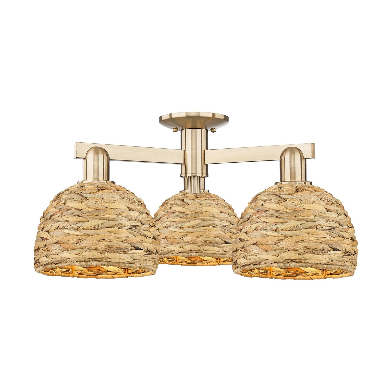 Innovations Woven Rattan 26in 3-Light Semi-Flush Mount | Industrial Champagne Bronze Steel and Natural Fiber Dome Shade | Model 716-3F-CB-RBD-8-NAT