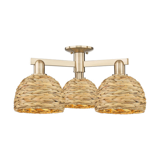 Innovations Woven Rattan 26in 3-Light Semi-Flush Mount | Industrial Champagne Bronze Steel and Natural Fiber Dome Shade | Model 716-3F-CB-RBD-8-NAT