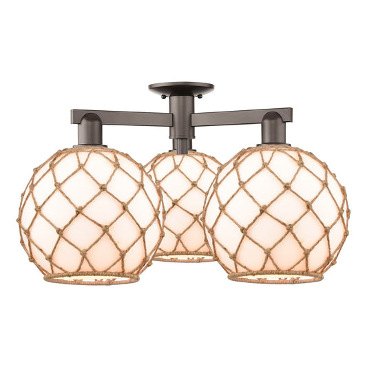 Innovations Farmhouse Rope 28in 3-Light Semi-Flush Mount | Industrial Oil Rubbed Bronze Steel and Matte White Glass with Rope | Model 716-3F-OB-G121-10RB