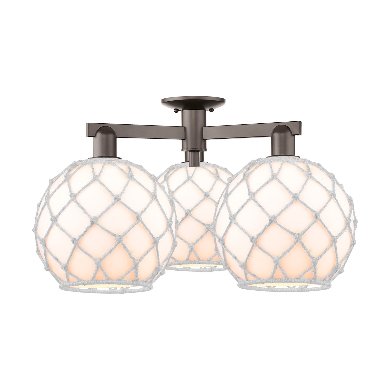 Innovations Farmhouse Rope 28in 3-Light Semi-Flush Mount | Industrial Oil Rubbed Bronze Steel and White Glass with Rope Shade | Model 716-3F-OB-G121-10RW