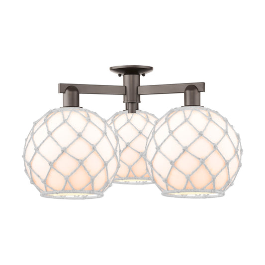 Innovations Farmhouse Rope 28in 3-Light Semi-Flush Mount | Industrial Oil Rubbed Bronze Steel and White Glass with Rope Shade | Model 716-3F-OB-G121-10RW