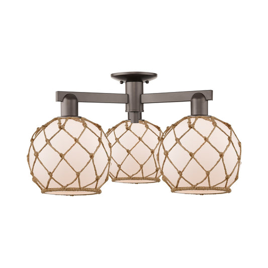 Innovations Farmhouse Rope 26in 3-Light Semi-Flush Mount | Industrial Oil Rubbed Bronze Steel and White Frosted Glass with | Model 716-3F-OB-G121-8RB