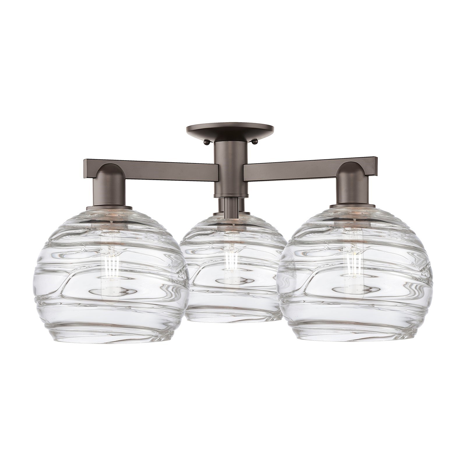 Innovations Athens Deco Swirl 26in 3-Light Semi-Flush Mount | Industrial Oil Rubbed Bronze Steel and Clear Deco Swirl Glass | Model 716-3F-OB-G1213-8CL