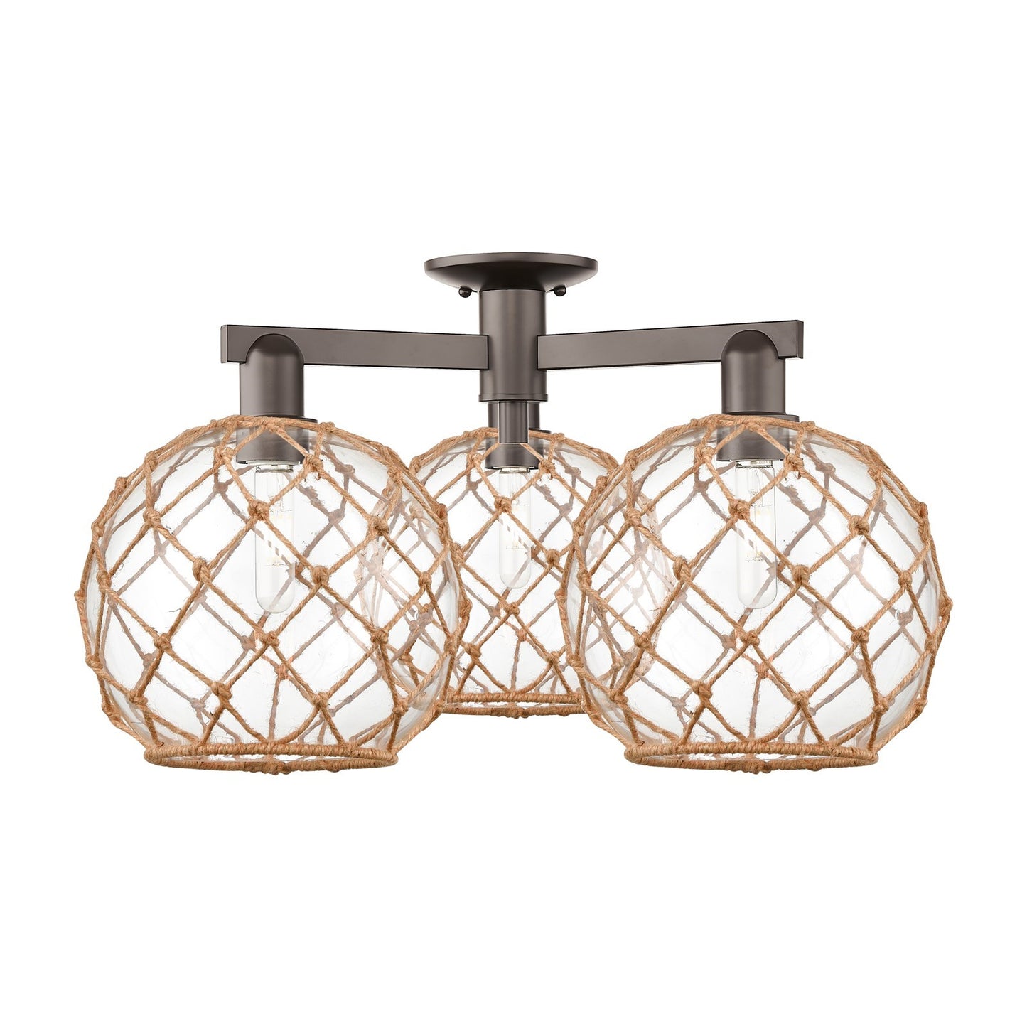 Innovations Farmhouse Rope 28in 3-Light Semi-Flush Mount | Industrial Oil Rubbed Bronze Steel and Clear Glass with Brown Rope | Model 716-3F-OB-G122-10RB