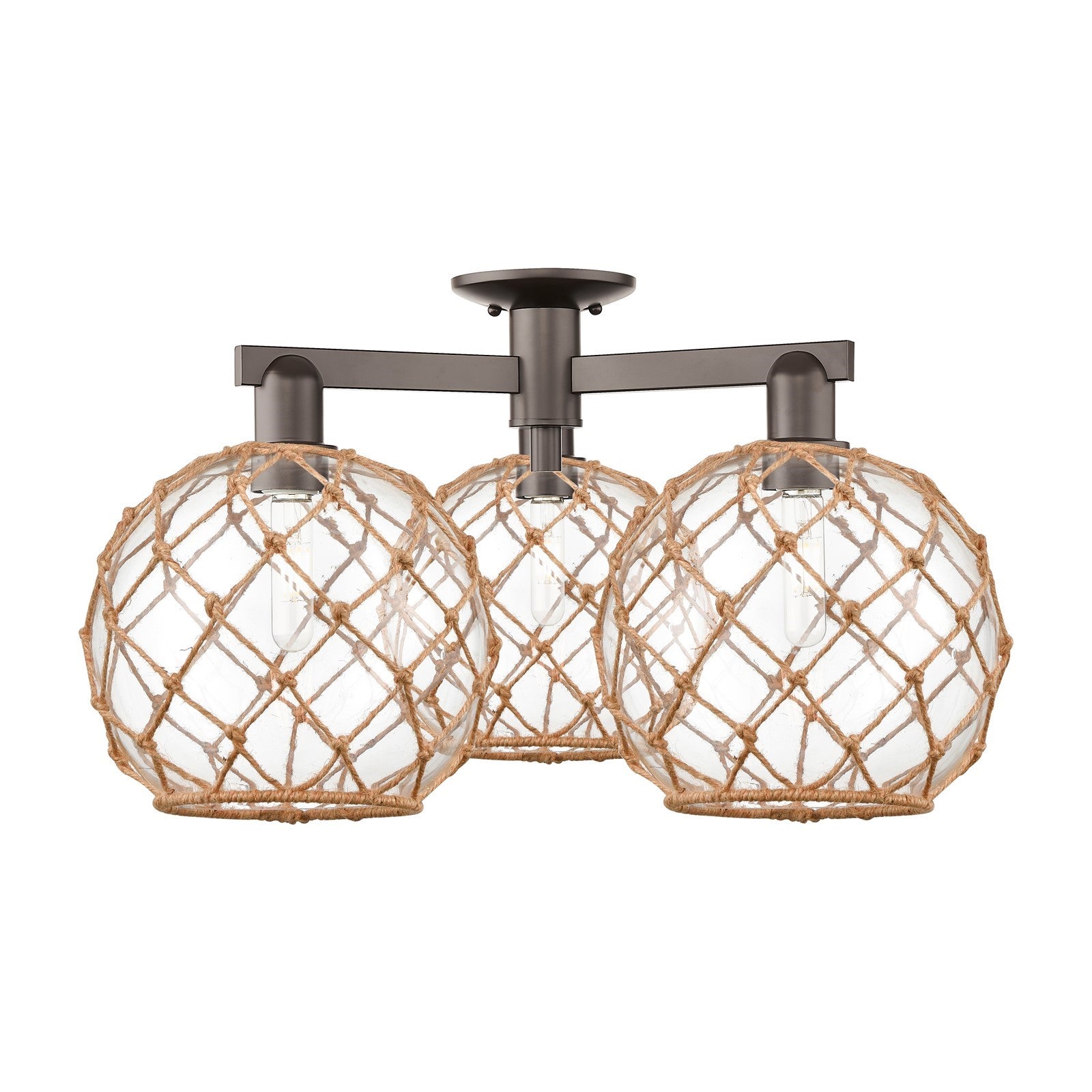 Innovations Farmhouse Rope 28in 3-Light Semi-Flush Mount | Industrial Oil Rubbed Bronze Steel and Clear Glass with Brown Rope | Model 716-3F-OB-G122-10RB