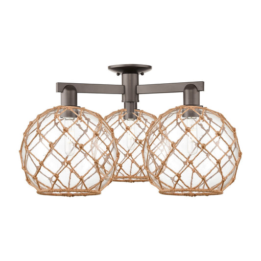 Innovations Farmhouse Rope 28in 3-Light Semi-Flush Mount | Industrial Oil Rubbed Bronze Steel and Clear Glass with Brown Rope | Model 716-3F-OB-G122-10RB