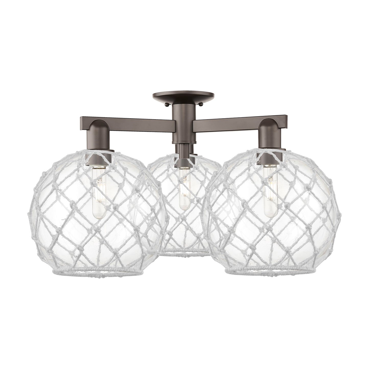 Innovations Farmhouse Rope 28in 3-Light Semi-Flush Mount | Industrial Oil Rubbed Bronze Steel and Clear Glass with White Rope | Model 716-3F-OB-G122-10RW
