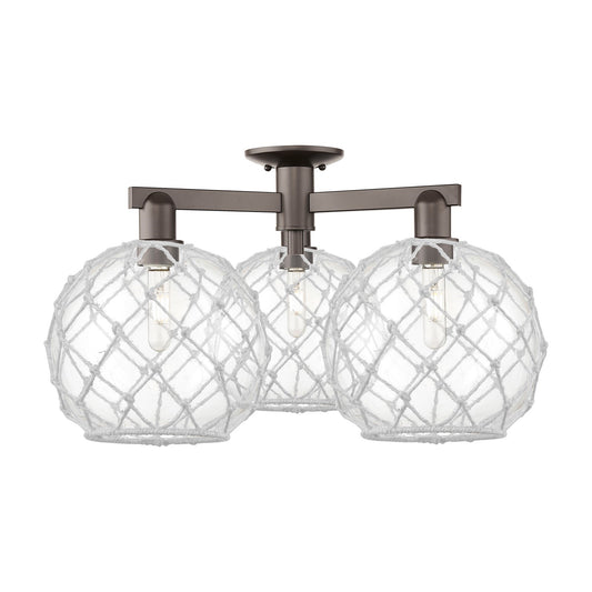 Innovations Farmhouse Rope 28in 3-Light Semi-Flush Mount | Industrial Oil Rubbed Bronze Steel and Clear Glass with White Rope | Model 716-3F-OB-G122-10RW