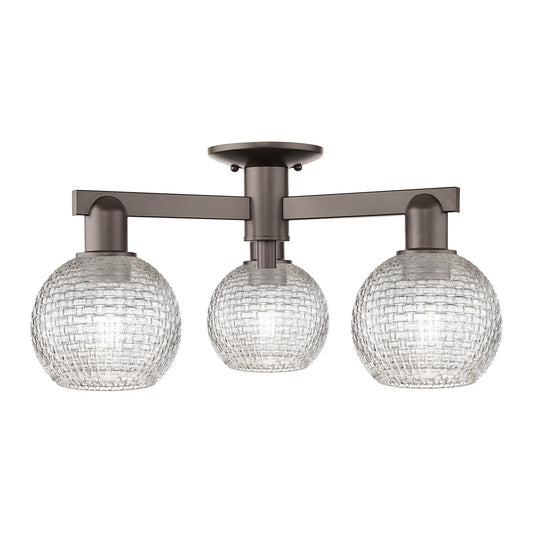Innovations Athens 23in 3-Light Semi-Flush Mount | Industrial Oil Rubbed Bronze Steel and Clear Basket Weave Glass | Entryway | Model 716-3F-OB-G122C-6CL