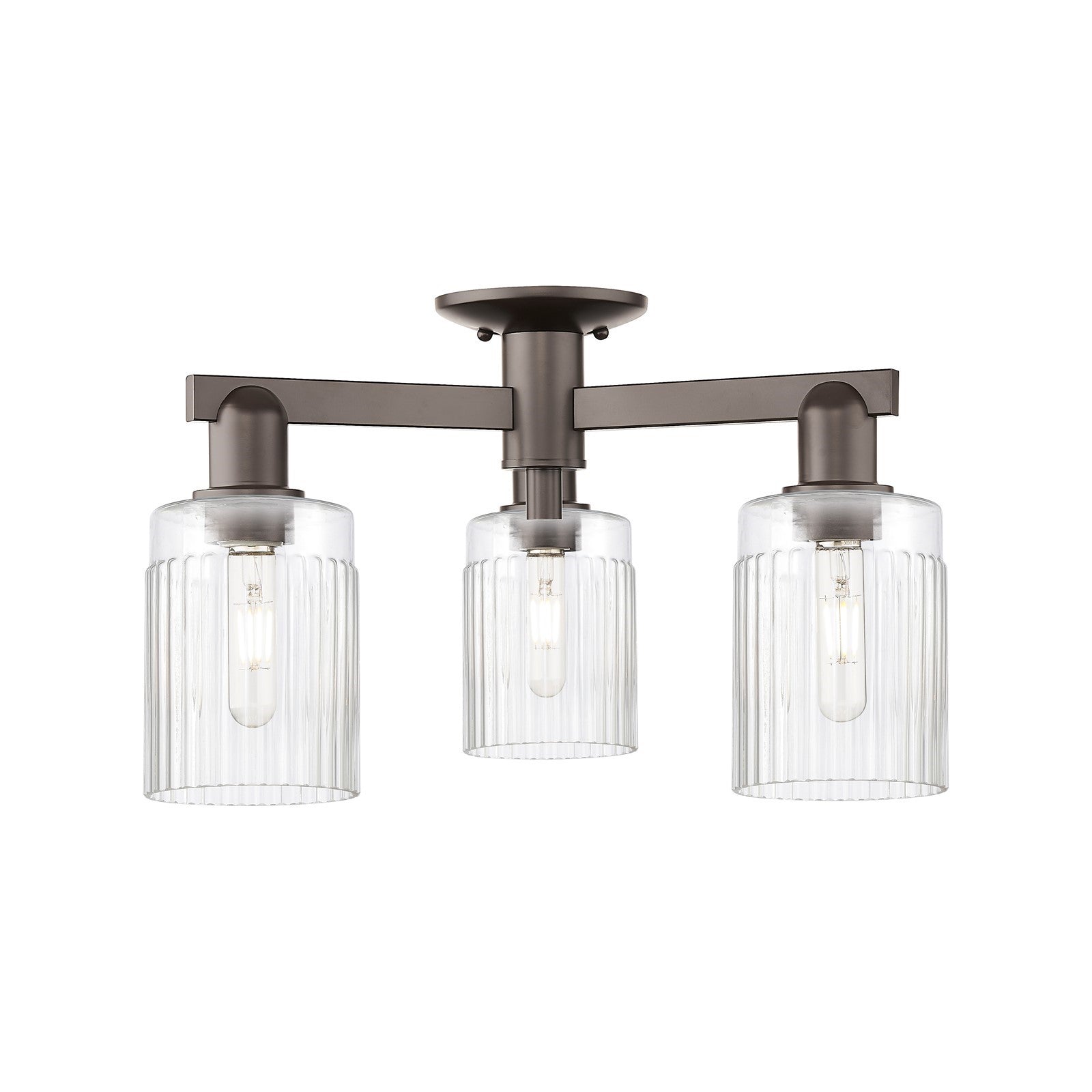 Innovations Hadley 22in 3-Light Semi-Flush Mount | Industrial Oil Rubbed Bronze Steel and Clear Ribbed Glass | Living Room & | Model 716-3F-OB-G342