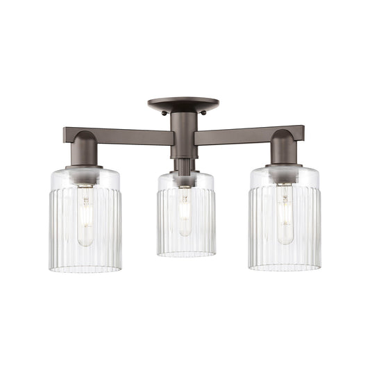 Innovations Hadley 22in 3-Light Semi-Flush Mount | Industrial Oil Rubbed Bronze Steel and Clear Ribbed Glass | Living Room & | Model 716-3F-OB-G342