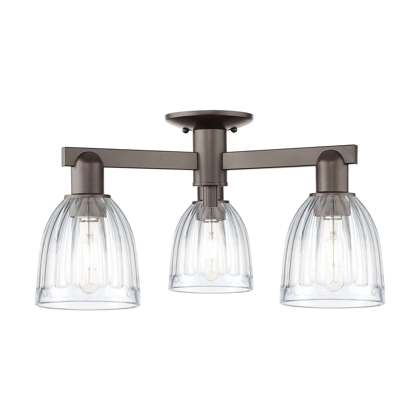 Innovations Brookfield 23in 3-Light Semi-Flush Mount | Industrial Oil Rubbed Bronze Steel and Clear Ribbed Glass | Entryway & | Model 716-3F-OB-G442